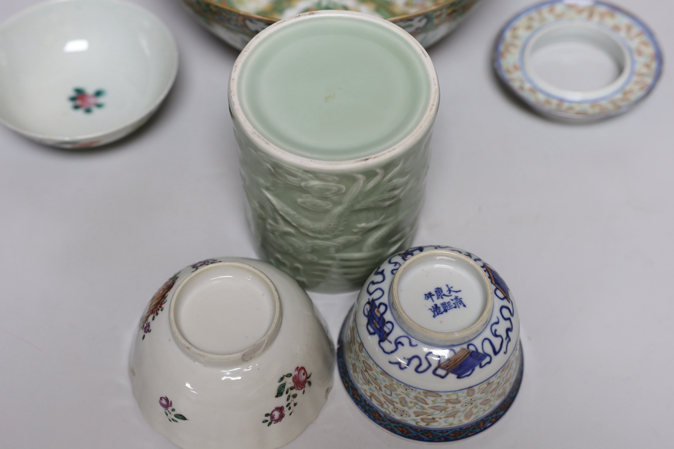 A Chinese celadon brush pot, a Cantonese bowl, two rice bowls and a rice bowl on stand, Cantonese bowl 26cm diameter